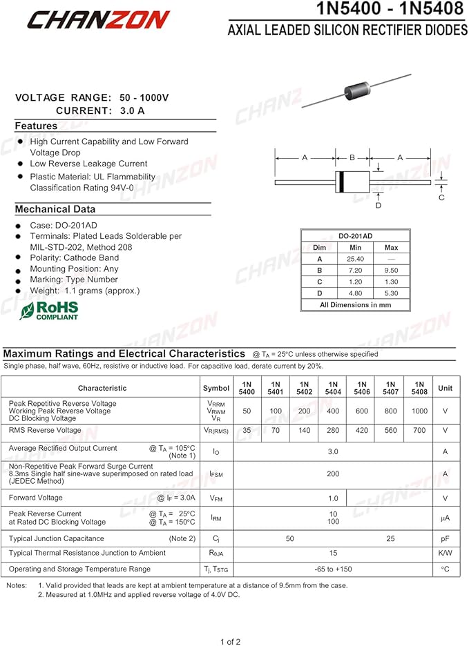 (Pack of 50 Pieces) Chanzon 1N5406 Rectifier Diode 3A 600V DO-201AD (DO-27) Axial 5406 IN5406 3 Amp 600 Volt Electronic Silicon Diodes
