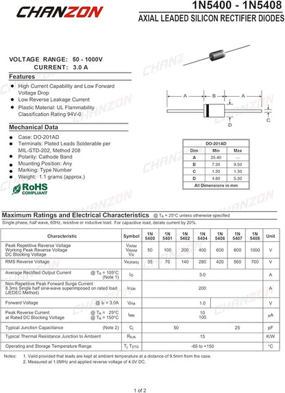 (Pack of 50 Pieces) Chanzon 1N5406 Rectifier Diode 3A 600V DO-201AD (DO-27) Axial 5406 IN5406 3 Amp 600 Volt Electronic Silicon Diodes