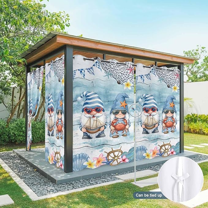 Ocean Gnome Outdoor Curtains for Patio Summer Marine Plumeria Shell Wood Blue Waterproof Outside Curtains with Grommet Top Weatherproof Curtain for Cabana Pergola Gazebo, 2 Pack, 54" W x 95" L