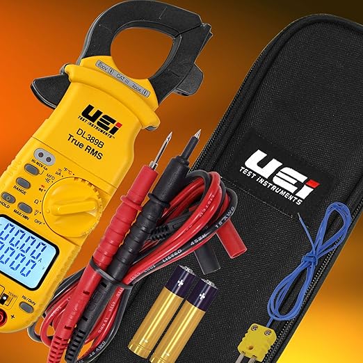 UEi DL389B Digital True RMS Clamp Meter, HVAC 4000 Counts Auto Ranging Voltmeter, Measures AC & DC Volts AC Amps AC/DC Microamps Temperature Frequency Resistance Capacitance Duty Cycle NCV Diode Test