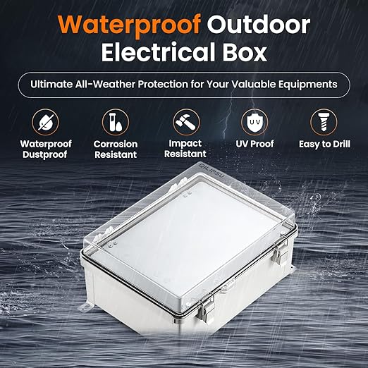 QILIPSU Waterproof Junction Box IP67 Outdoor Plastic Electrical Project Enclosure Weatherproof with Inner Door, Mounting Plate, Wall Brackets, Hinged Clear Cover 14.6"x10.6"x5.9" CC-D