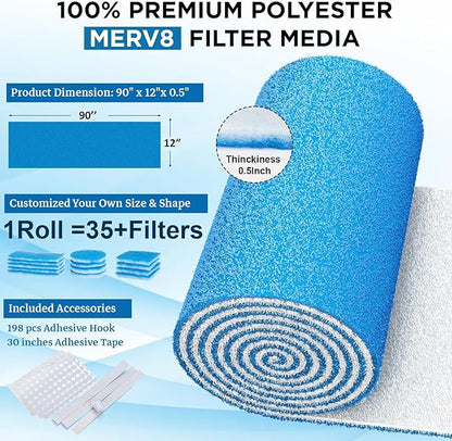 Air Vent Filters Roll, 90" x 12" Cut to Fit (35+ Filters), MERV 8 Triple Vent Filter Kit for HVAC Furnace Vents, Home Floor, Ceiling, Grilles