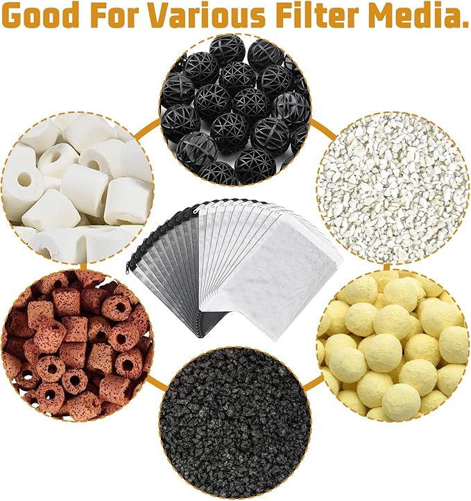 Grevosea 20 Pcs Aquarium Filter Media Bags, Fish Tank Coarse Mesh Bags 5.91 x 7.87 Inch Nylon Mesh Bag with Zipper for Activated Carbon Ceramic Rings Bio Balls Black & White