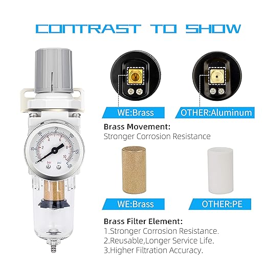 NANPU 1/4" NPT Compressed Air Filter Regulator Combo Piggyback, 5 Micron Brass Element, Poly Bowl, Semi-Auto Drain, Metal Bracket, 0-150 psi Gauge