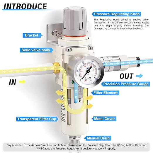 TAILONZ PNEUMATIC 1/2 Inch NPT White Air Filter Pressure Regulator Combo Piggyback, Air Tool Compressor Filter with Gauge AW4000-04