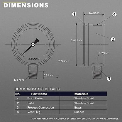 2-1/2" Dial Size, 0-3000 Psi Pressure Gauge, Glycerin Liquid Filled, 1/4" NPT Lower Mount, Stainless Steel Case, for Regulator, Brew Setup, Beer, Kombucha, HVAC, Hydraulic, High Pressure Test
