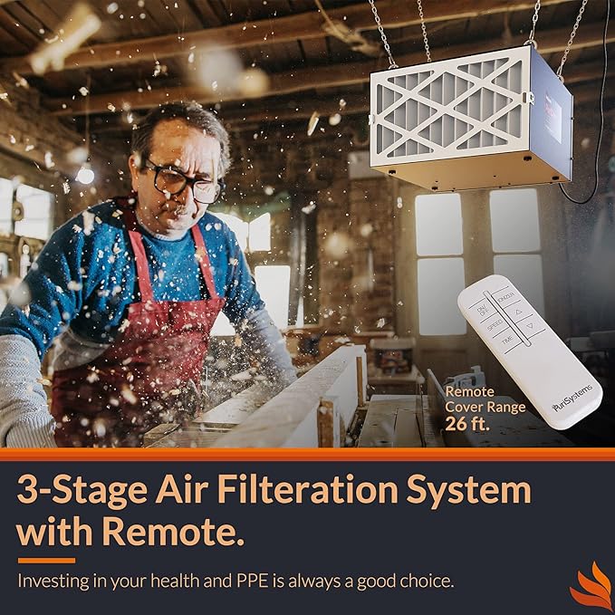 PURISYSTEMS Air Filtration System 3-Speed Remote, Built-in Ionizer, PuriCare 500IG Hanging Air Filter w/RF Remote for Woodworking, Garage and Shop Dust Collector, up to 500 sq. ft (350/450/500 CFM)