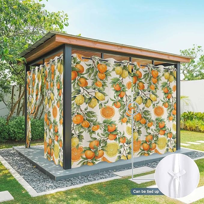 Lemons Yellow Orange Summer Plant Linen Outdoor Curtains for Patio Waterproof Outside Curtains with Grommet Top Weatherproof Curtain for Cabana Pergola Gazebo, 1 Panel, 54" W x 95" L