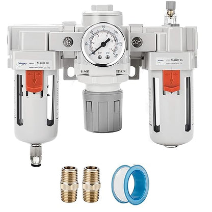 NANPU 3/4" NPT Air Filter, Regulator & Lubricator (FRL) Combo - Water/Oil Trap Separator - Pressure Gauge(0-150 psi), 5 Micron Brass Element, Semi-Auto Drain, Poly Bowl, Metal Bracket
