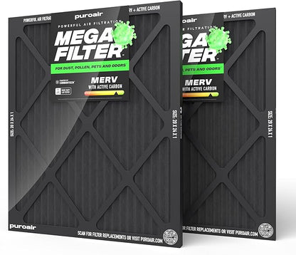 PuroAir MegaFilter - 20x24x1 Air Filter MERV 13 Activated CarbonTech Defense - Heavy Duty 3 Layer Furnace Filters Allergens, Pollen, Dust, Pet Dander, Smoke, Odors - HVAC Air Filter 20x24x1 (2-Pack)