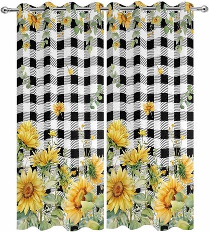 Sunflowers Outdoor Curtains for Patio Summer Floral Eucalyptus Leaf Buffalo Check Waterproof Outside Curtains with Grommet Top Weatherproof Curtain for Cabana Pergola Gazebo, 2 Pack, 54" W x 95" L