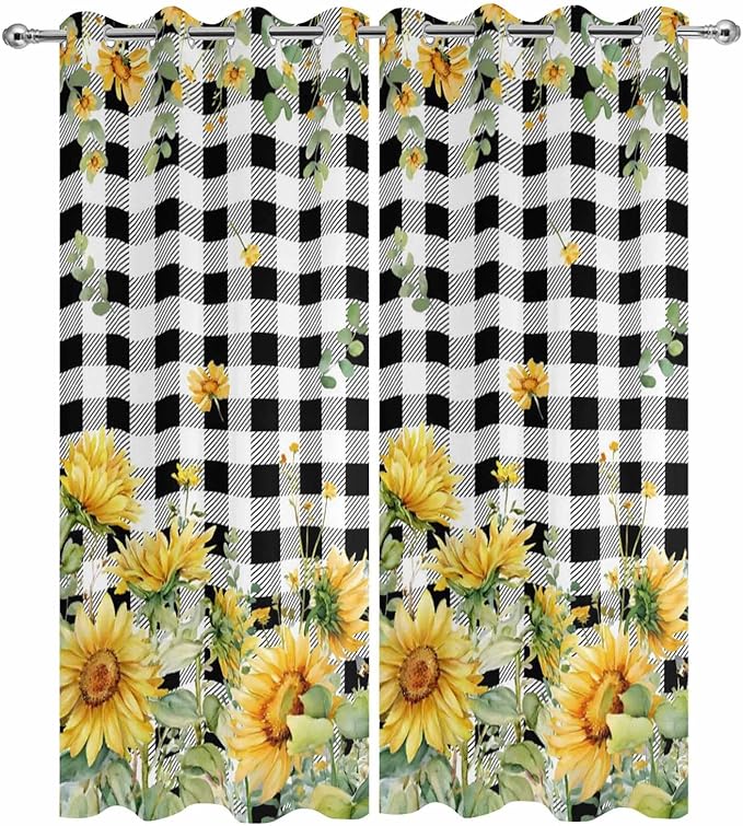 Sunflowers Outdoor Curtains for Patio Summer Floral Eucalyptus Leaf Buffalo Check Waterproof Outside Curtains with Grommet Top Weatherproof Curtain for Cabana Pergola Gazebo, 2 Pack, 54" W x 84" L