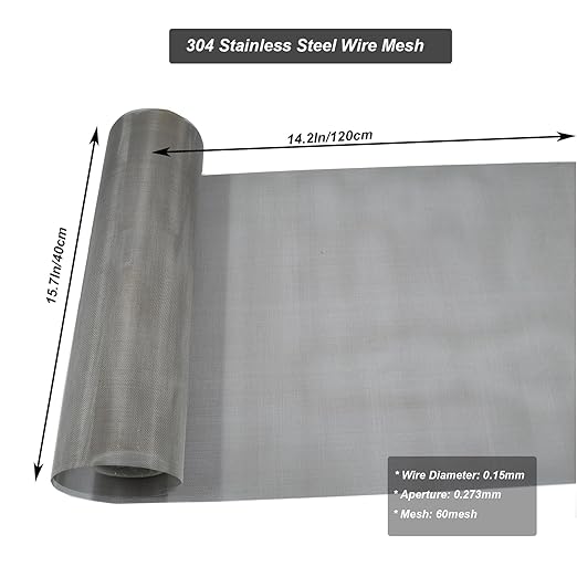 304 Stainless Steel Mesh 60Mesh, 15.7"x47.2"(40x120cm) Metal Mesh Screen,Woven Fine Wire Mesh, Filter Mesh Easy to Cut for Vent Covers, Cage, Garden, Window Screen and DIY Project