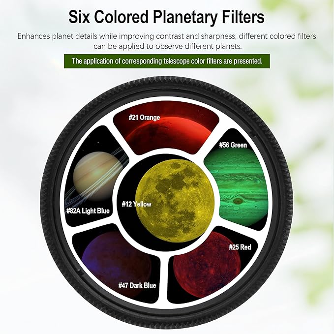 Astromania Telescope Filter Set, 1.25 inches Six Color Filters Kit (Red, Orange, Yellow, Green, Dark Blue, Light Blue), Telescope Accessories to Enhance Moon Planetary View for Astronomical Telescopes