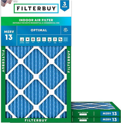 Filterbuy 10x20x1 Air Filter MERV 13 Optimal Smoke & Allergy Defense (3-Pack), Electrostatic Pleated HVAC AC Furnace Filters Replacement, Made in USA (Actual Size: 9.50 x 19.50 x 0.75)