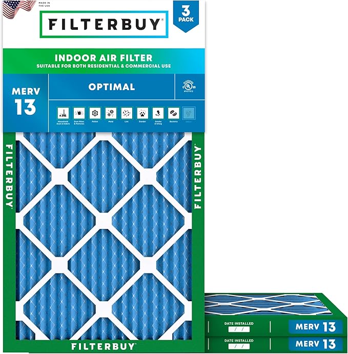 Filterbuy 10x18x1 Air Filter MERV 13 Optimal Smoke & Allergy Defense (3-Pack), Electrostatic Pleated HVAC AC Furnace Filters Replacement, Made in USA (Actual Size: 9.50 x 17.50 x 0.75)