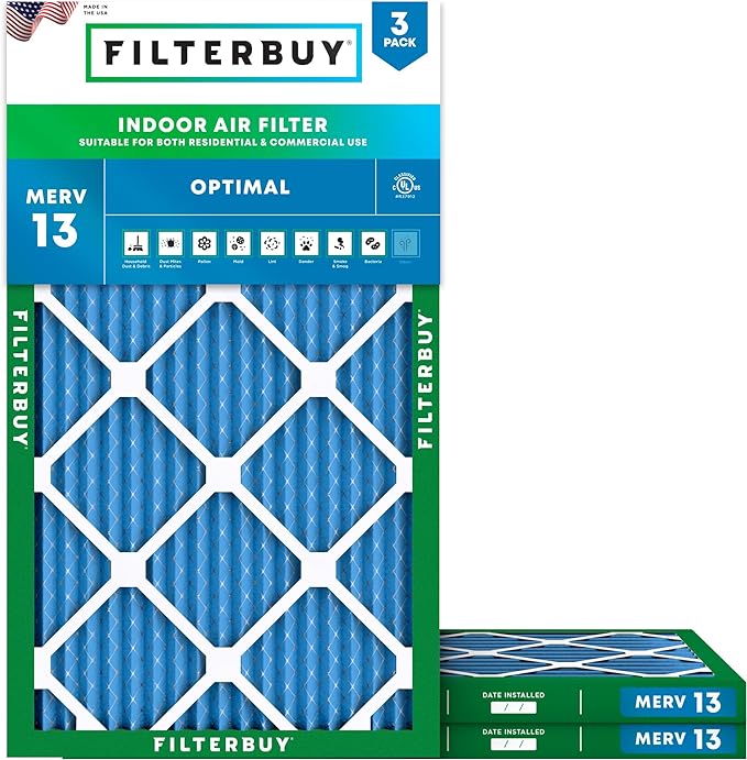 Filterbuy 12x24x1 Air Filter MERV 13 Optimal Smoke & Allergy Defense (3-Pack), Electrostatic Pleated HVAC AC Furnace Filters Replacement, Made in USA (Actual Size: 11.50 x 23.50 x 0.75)