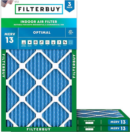 Filterbuy 12x24x1 Air Filter MERV 13 Optimal Smoke & Allergy Defense (3-Pack), Electrostatic Pleated HVAC AC Furnace Filters Replacement, Made in USA (Actual Size: 11.50 x 23.50 x 0.75)