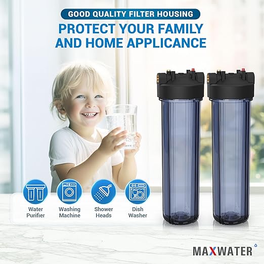 Max Water Whole House 20" x4.5" Purple Clear WH Water Filter Housing 1 inch Inlet/Outlet Ports with Wrench and Bracket (2 Housing)