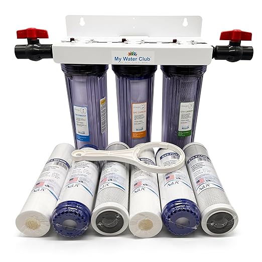 Whole House 3-Stage Water Filtration System, 3/4" port with 2 valves and extra 1 year filter supply (2 sets, 6 pcs)