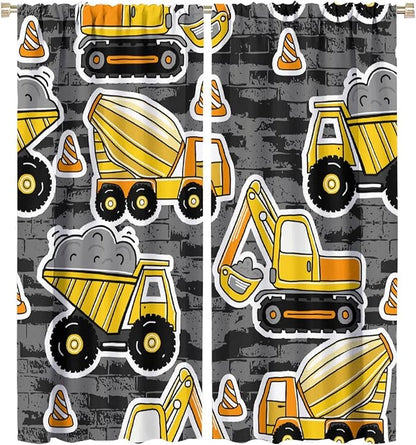 Kids Construction Excavator Window Curtains, Yellow Excavator Transporter Truck Cartoon Vehicles Rod Pocket Decorative Window Curtain for Children Teens Room 42x45in (30% Blackout)