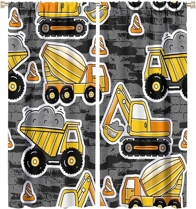 Kids Construction Excavator Window Curtains, Yellow Excavator Transporter Truck Cartoon Vehicles Rod Pocket Decorative Window Curtain for Children Teens Room 42x54in (30% Blackout)