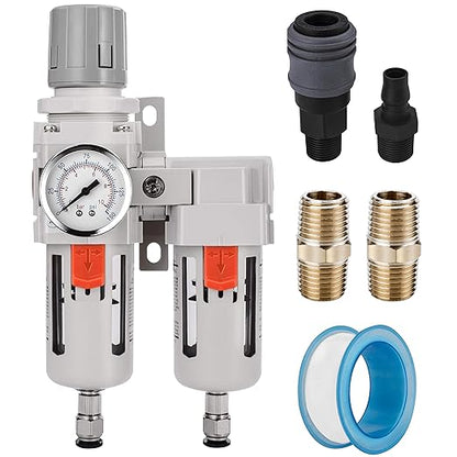 NANPU 3/8" NPT Air Dryer System - 5 Micron Particulate Filter, 0.5 Micron Coalescing Filter & Air Pressure Regulator, Water Trap Separator - Semi-Auto Drain,0-150 psi Gauge, Poly Bowl, Metal Bracket