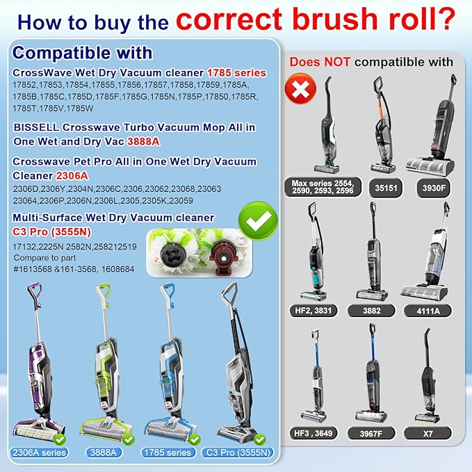 Lemige Brush Filter Replacement Parts for Bissell CrossWave Vacuum 3888A 1785 Pet Pro 2306A Cordless Wet Dry Vac, 3 Pack 2460 Multi-Surface Pet Brush Roll & 1866 Vacuum Filter, Part 1613568 1608684