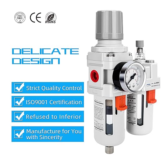 NANPU 1/2" NPT Compressed Air Filter Regulator Lubricator Combo Water/Oil Trap Separator - Gauge(0-150 psi), Poly Bowl, Semi-Auto Drain, Bracket - 3 in 1 Two Unit