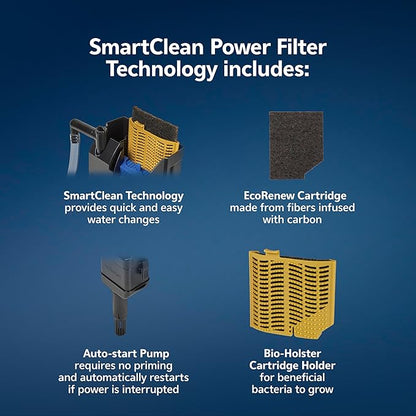 Aqueon SmartClean Power Filter with EcoRenew Filter Cartridge, Quick and Easy Water Changes, Quiet Operation, Adjustable Flow, for 20-30 Gallon Freshwater and Saltwater Aquariums, Large