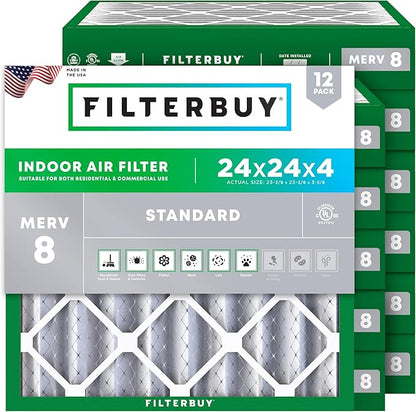Filterbuy 24x24x4 Air Filter MERV 8 Essential Dust & Allergy Defense (12-Pack), Electrostatic Pleated HVAC AC Furnace Filters Replacement, Made in USA (Actual Size: 23.38 x 23.38 x 3.63)