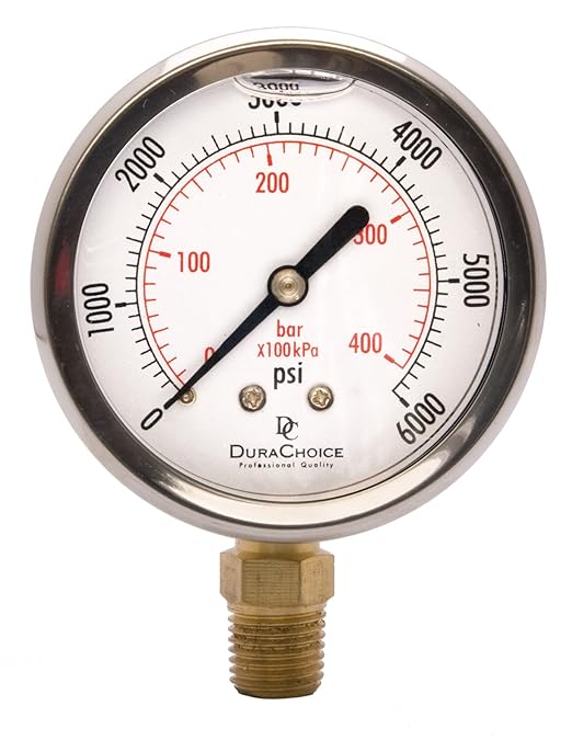 2-1/2" Oil Filled Pressure Gauge - Stainless Steel Case, Brass, 1/4" NPT, Lower Mount Connection, 0-6,000PSI