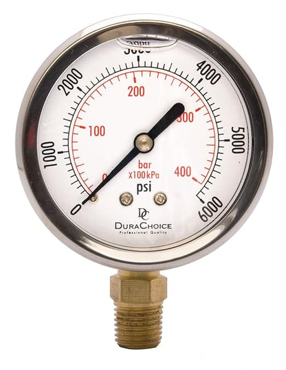 2-1/2" Oil Filled Pressure Gauge - Stainless Steel Case, Brass, 1/4" NPT, Lower Mount Connection, 0-6,000PSI
