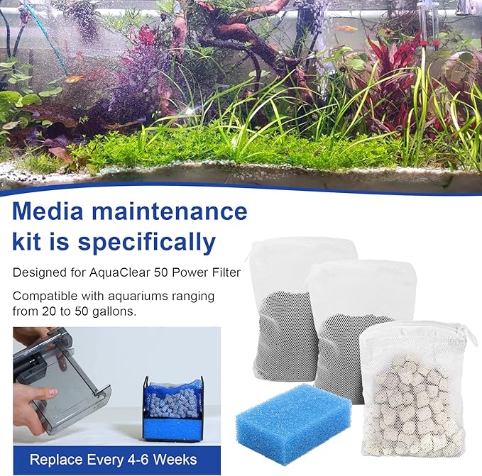 Aquarium Media Maintenance Kit Replacement for Fluval AC50 Power Filter, Includes 1 Blue Foam Filters, 1 Pack Ceramic Rings and 2 Activated Carbon Bag, for 20-to-50 Gallon Aquariums