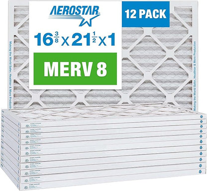 Aerostar 16.375x21.5x1 MERV 8 Air Filter, Pleated AC Furnace HVAC Filters (16.5x21.5x0.75), Electrostatically Charged for Allergies Dust Pet Dander Pollen Mold Lint, MPR 600 FPR 5, USA, 12 Pack