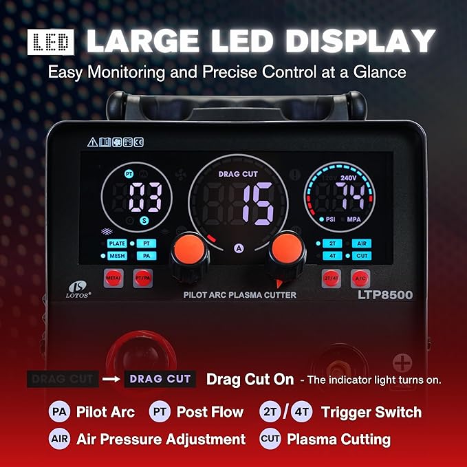 LTP8500 | 85A HF Pilot Arc Plasma Cutter, Drag-Cut Enabled, 1" Clean (1.5" Sever), 220V Single-Phase, LED Controls & Front Regulator, Portable Air Plasma Cutter for Fab, Auto, HVAC