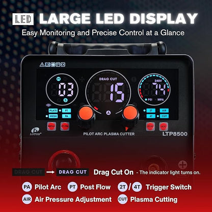 LTP8500 | 85A HF Pilot Arc Plasma Cutter, Drag-Cut Enabled, 1" Clean (1.5" Sever), 220V Single-Phase, LED Controls & Front Regulator, Portable Air Plasma Cutter for Fab, Auto, HVAC