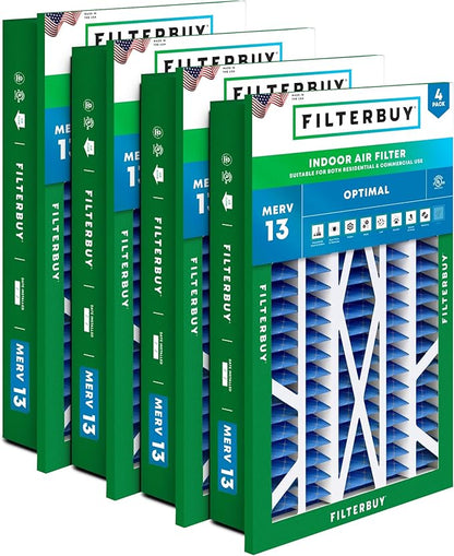 Filterbuy 20x30x5 Air Filter MERV 13 Optimal Smoke & Allergy Defense (4-Pack), Electrostatic Pleated HVAC AC Furnace Filters Replacement for Honeywell Return Grille (Actual Size: 18.38 x 28.63 x 3.69)