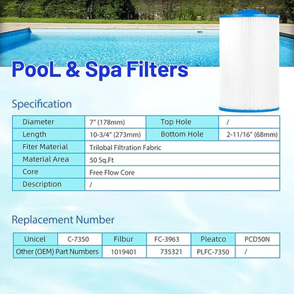 PLFC-7350 Spa Filter Cartridge Replaces for Caldera 50, C-7350, 1019401, 73532, PCD50N, FC-3963, 75017 Hot Tub Filter, 50 sq.ft, 1 Pack