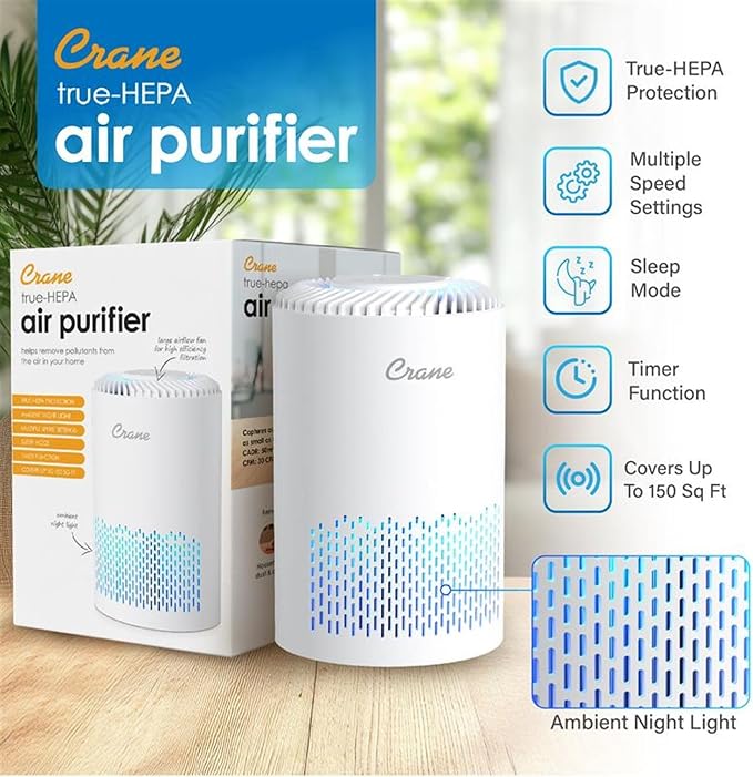 Crane True HEPA Air Purifier for Home, Bedroom, and Dorm Room, Up To 150 Sq Ft Small Air Purifier for Dust, Smoke, Dander, Bedroom Essentials, Features 4-8 Hour Timer, Night Light, Aroma Tray