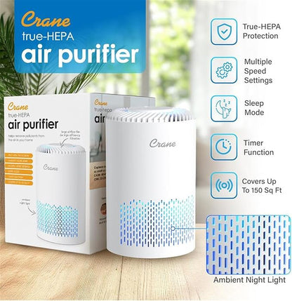 Crane True HEPA Air Purifier for Home, Bedroom, and Dorm Room, Up To 150 Sq Ft Small Air Purifier for Dust, Smoke, Dander, Bedroom Essentials, Features 4-8 Hour Timer, Night Light, Aroma Tray