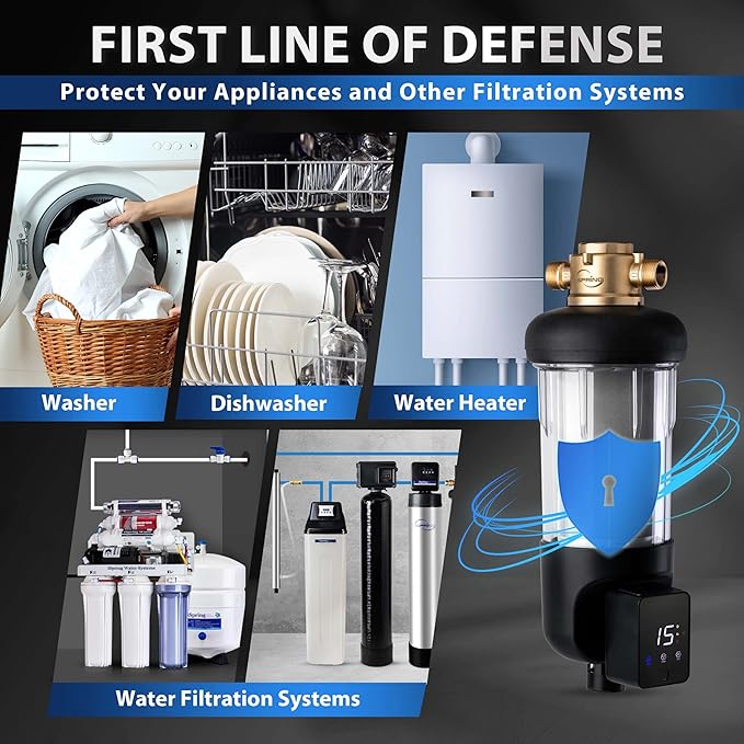 iSpring WSP200ARJ Spin-Down Sediment Water Filter, Upgraded Jumbo Size, Large Capacity, Reusable with Touch-Screen Auto Flushing Module, Brass Top Clear Housing, 200 Microns