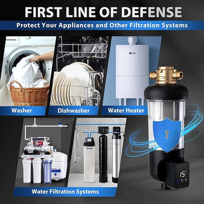 iSpring WSP200ARJ Spin-Down Sediment Water Filter, Upgraded Jumbo Size, Large Capacity, Reusable with Touch-Screen Auto Flushing Module, Brass Top Clear Housing, 200 Microns