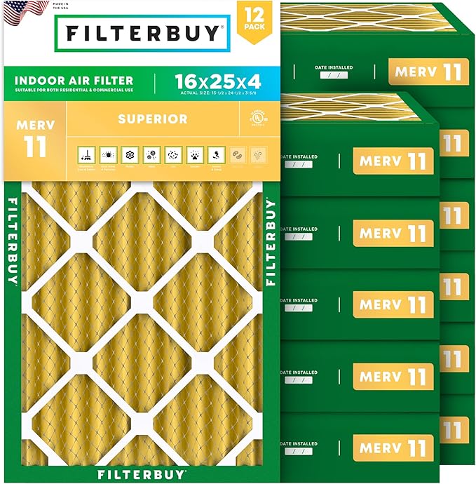 Filterbuy 16x25x4 Air Filter MERV 11 Superior Pet & Allergy Defense (12-Pack), Electrostatic Pleated HVAC AC Furnace Filters Replacement, Made in USA (Actual Size: 15.50 x 24.50 x 3.63)