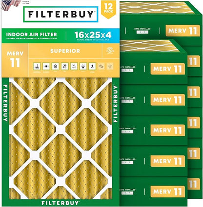 Filterbuy 16x25x4 Air Filter MERV 11 Superior Pet & Allergy Defense (12-Pack), Electrostatic Pleated HVAC AC Furnace Filters Replacement, Made in USA (Actual Size: 15.50 x 24.50 x 3.63)