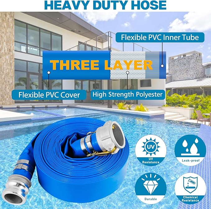 2'' x 50 Ft Discharge Hose, Heavy Duty PVC Lay Flat Water Backwash Hose,Durable Pool Drain Hose with Aluminum CE Fittings for Water Pump And Filters