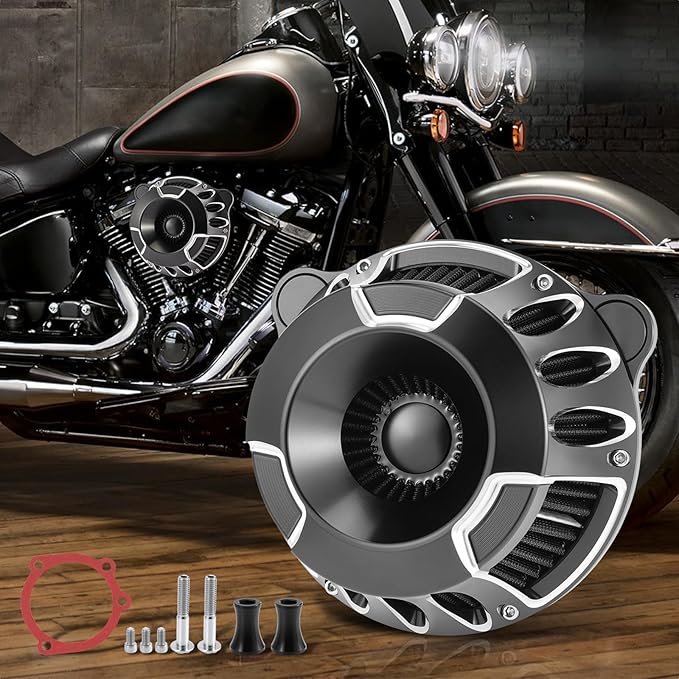 Motorcycle Air Filter Intake System Kit CNC Air Cleaner Fit for Harley Dyna 2000-2017, Softail 2000-2015, Touring 2000-2007(B-Black)