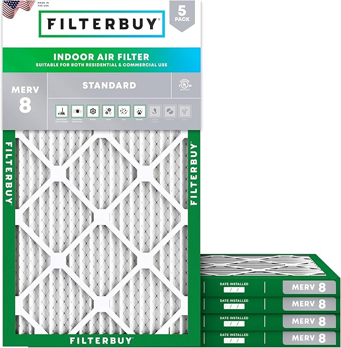 Filterbuy 13.5x29.5x1 Air Filter MERV 8 Essential Dust & Allergy Defense (5-Pack), Electrostatic Pleated HVAC AC Furnace Filters Replacement, Made in USA (Actual Size: 13.50 x 29.50 x 0.75)