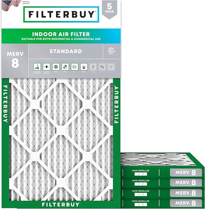 Filterbuy 13.5x29.5x1 Air Filter MERV 8 Essential Dust & Allergy Defense (5-Pack), Electrostatic Pleated HVAC AC Furnace Filters Replacement, Made in USA (Actual Size: 13.50 x 29.50 x 0.75)