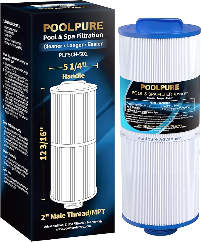 POOLPURE 5CH-502 Fine Thread Spa Filter Replaces PPM50SC-F2M, Marquis Spa 20041, 20091, 370-0237, Marquis 50, 2” Male Thread/MPT Hot Tub Filter (1)